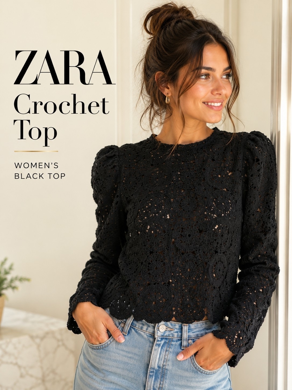 Zara Black Crochet Long-Sleeve Top